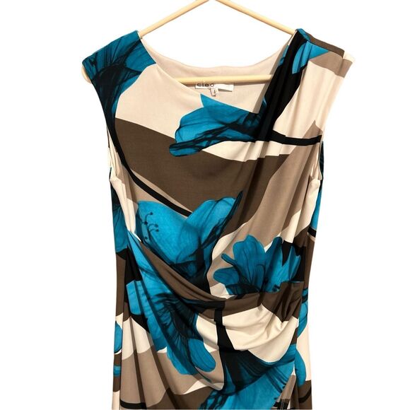 Cleo Women’s Size S Petite Sheath Dress Turquoise Floral Ruched & Lined - Picture 5 of 11